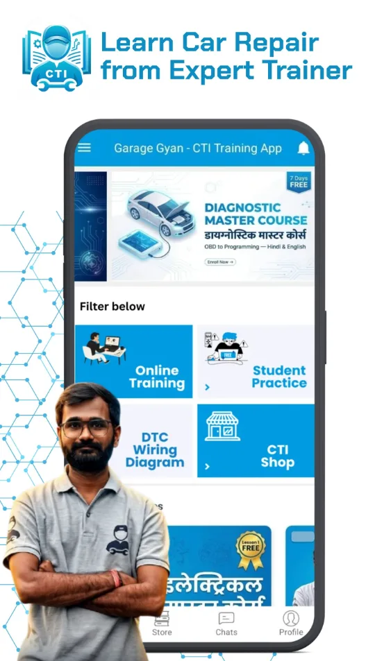 Garage Gyan CTI ट्रेनिंग ऐप होम स्क्रीन, ट्रेनर हरीश जायसवाल के साथ — एक्सपर्ट ट्रेनर से कार रिपेयर सीखें