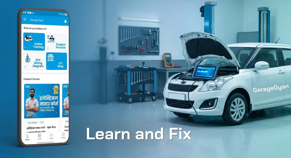 Garage Gyan app on a phone beside a car connected to a diagnostic scan tool in a workshop — Learn and Fix